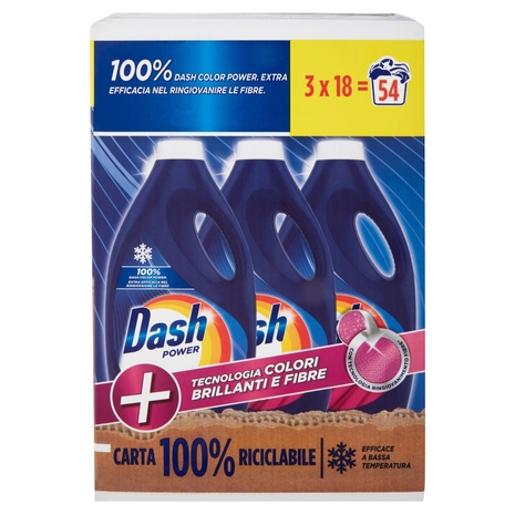 Dash Power Detersivo Lavatrice Liquido Bucato+Tecnologia Colori Brillanti e Fibre 3x18=54Lav.3x990ml